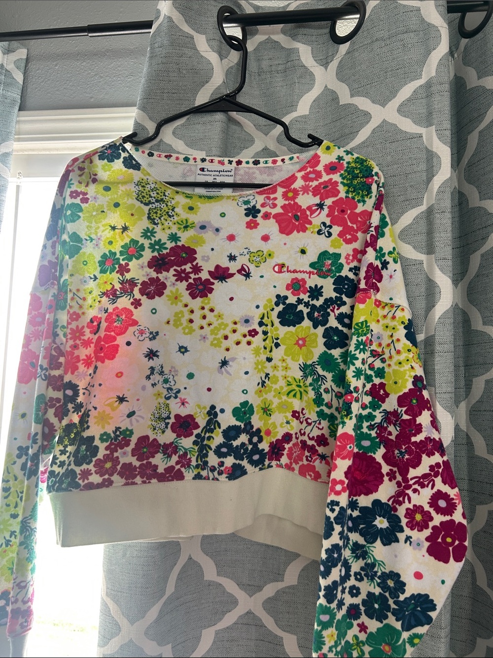 Champion Floral Cropped Sweatshirt in White with Neon Floral Print